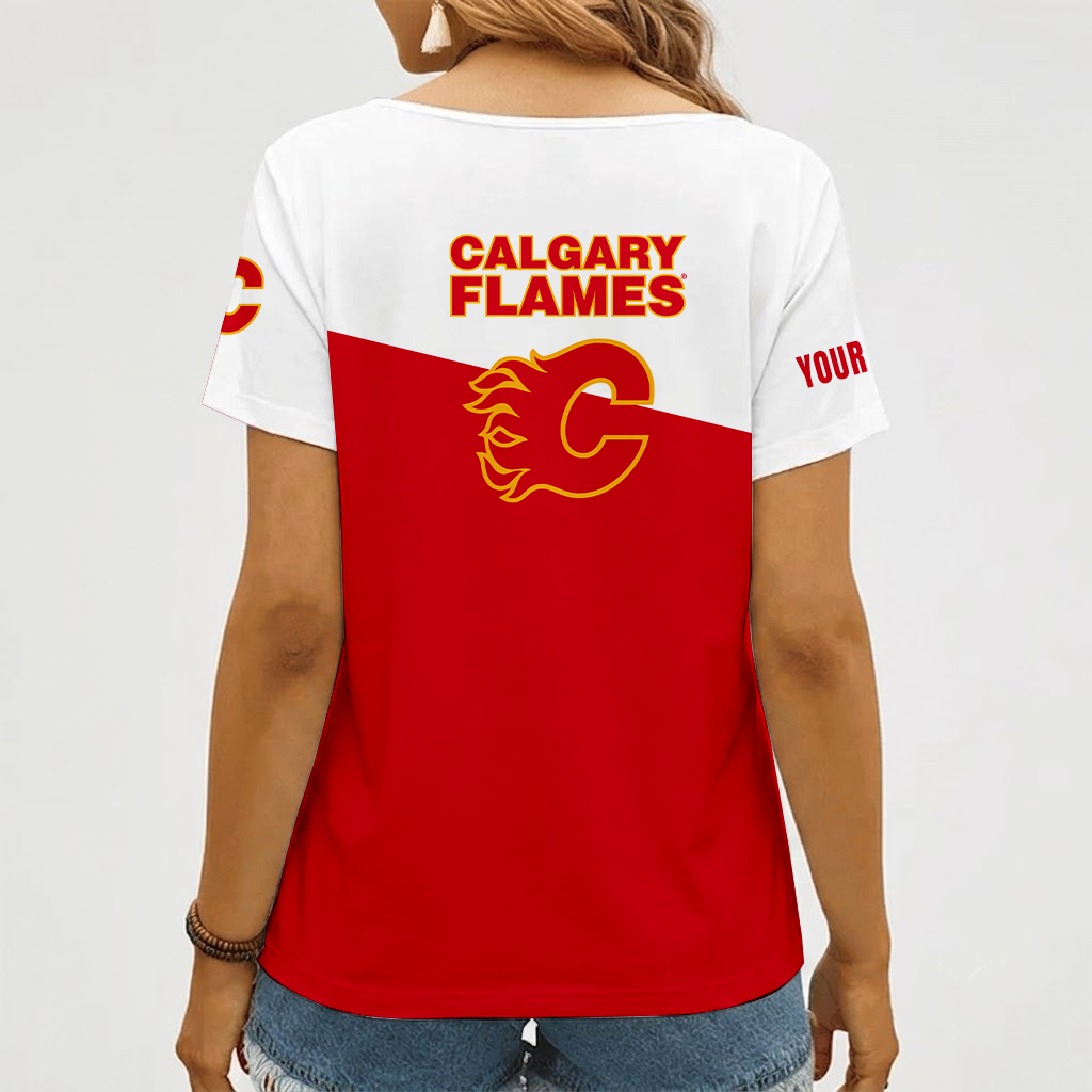 [SUPER SALE] NEW CUSTOMIZED NHL17 CGF CALGARY FLAMES V-NECK FEMALE SHIRT