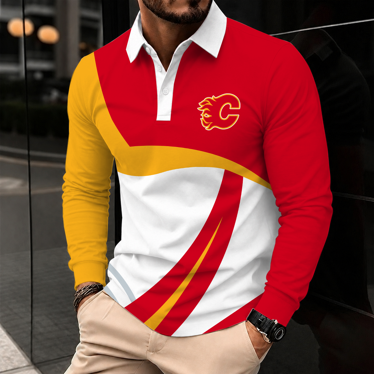 [SUPER SALE] NEW CUSTOMIZED NHL17 CGF CALGARY FLAMES MEN LONG SLEEVE POLO