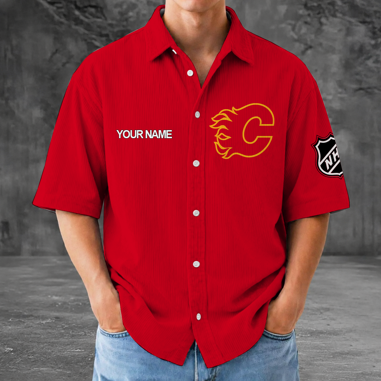 [SUPER SALE] NEW CUSTOMIZED NHL17 CGF CALGARY FLAMES SEERSUCKER BUTTON SHIRT