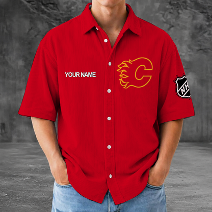 [SUPER SALE] NEW CUSTOMIZED NHL17 CGF CALGARY FLAMES SEERSUCKER BUTTON SHIRT