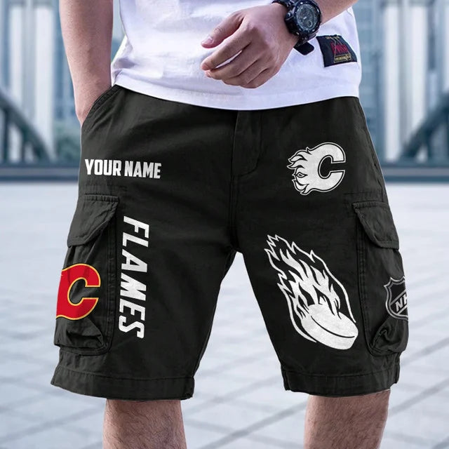[SUPER SALE] NEW CUSTOMIZED NHL17 CGF CALGARY FLAMES CARGO SHORTS