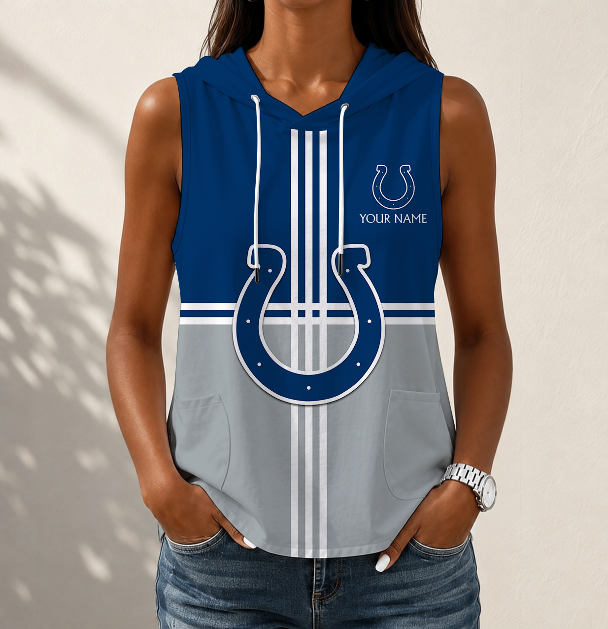 LIMITED EDITION - NEW CUSTOMIZED NFL17 IDC INDIANAPOLIS COLTS WOMEN'S SLEEVELESS HOODED POCKET TANK TOP
