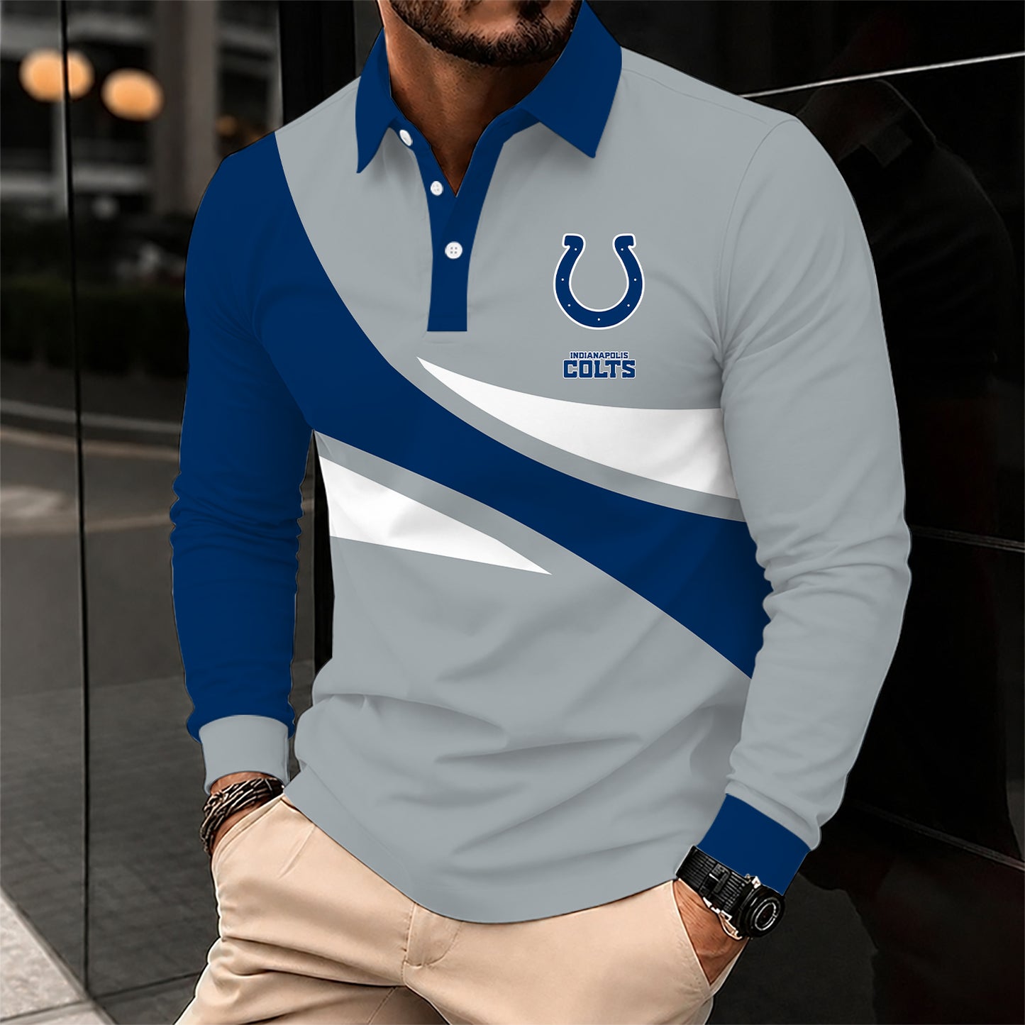 [SPECIAL OFFER] NEW CUSTOMIZED NFL17 IDC INDIANAPOLIS COLTS LONG SLEEVE POLO SHIRT