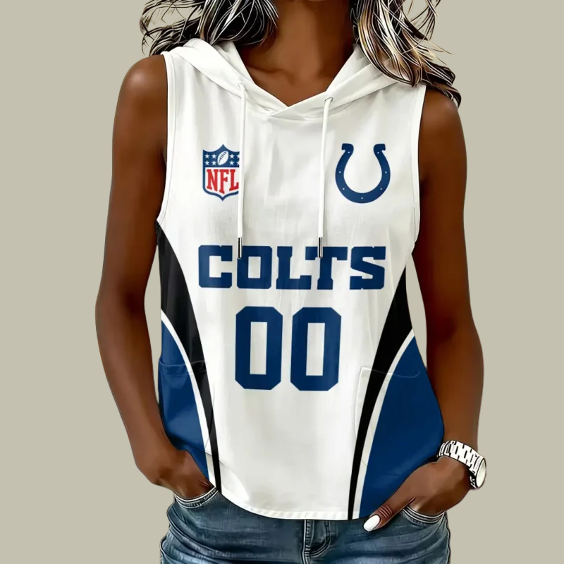 [SPECIAL OFFER] NEW CUSTOMIZED NFL17 IDC INDIANAPOLIS COLTS WOMEN'S SLEEVELESS HOODED POCKET TANK TOP