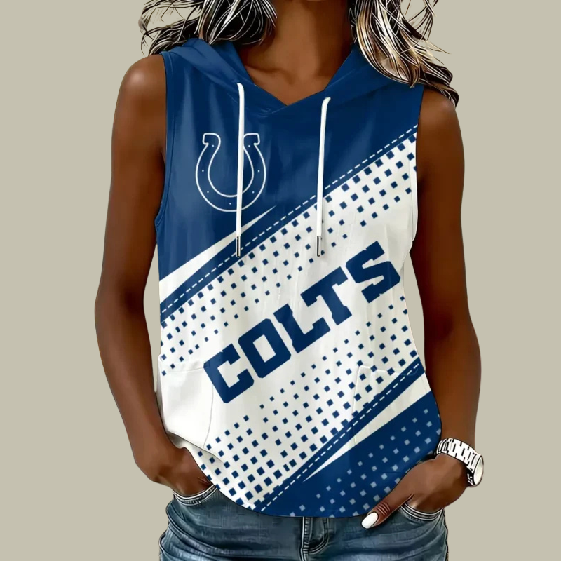 [SPECIAL OFFER] NEW CUSTOMIZED NFL17 IDC INDIANAPOLIS COLTS WOMEN'S SLEEVELESS HOODED POCKET TANK TOP