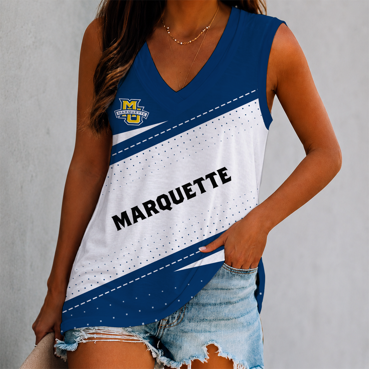 EXCLUSIVE EDITION - NEW CUSTOMIZED NCAA MAM17 MGE MARQUETTE GOLDEN EAGLES WOMEN'S V-NECK TANK TOP