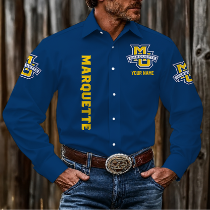 EXCLUSIVE EDITION - NEW CUSTOMIZED NCAA MAM17 MGE MARQUETTE GOLDEN EAGLES MEN'S LONG SLEEVE BUTTON-UP SHIRT