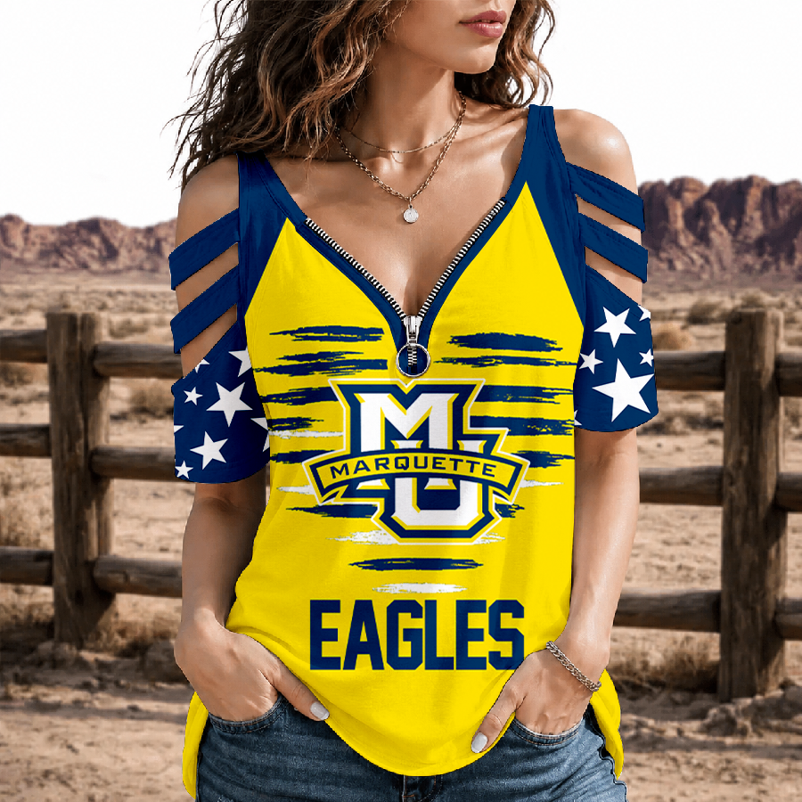 [FAN FAVORITE] NEW CUSTOMIZED NCAA MAM17 MGE MARQUETTE GOLDEN EAGLES STRAPPY COLD-SHOULDER TOP