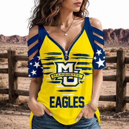 [FAN FAVORITE] NEW CUSTOMIZED NCAA MAM17 MGE MARQUETTE GOLDEN EAGLES STRAPPY COLD-SHOULDER TOP