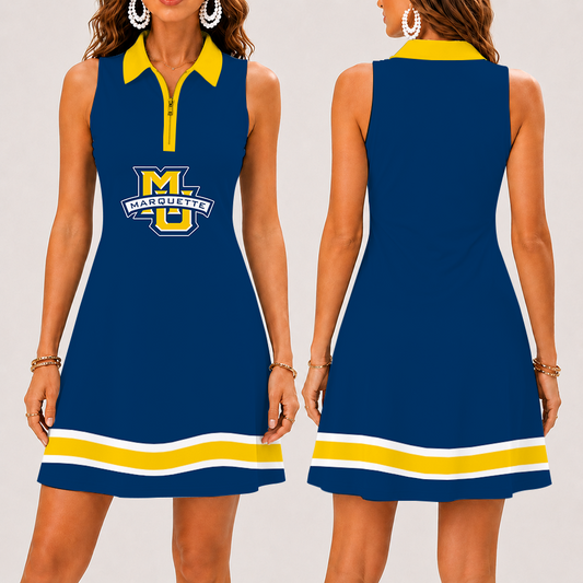 [FAN FAVORITE] NEW CUSTOMIZED NCAA MAM17 MGE MARQUETTE GOLDEN EAGLES STRAPPY WOMEN'S ZIP SLEEVELESS POLO DRESS