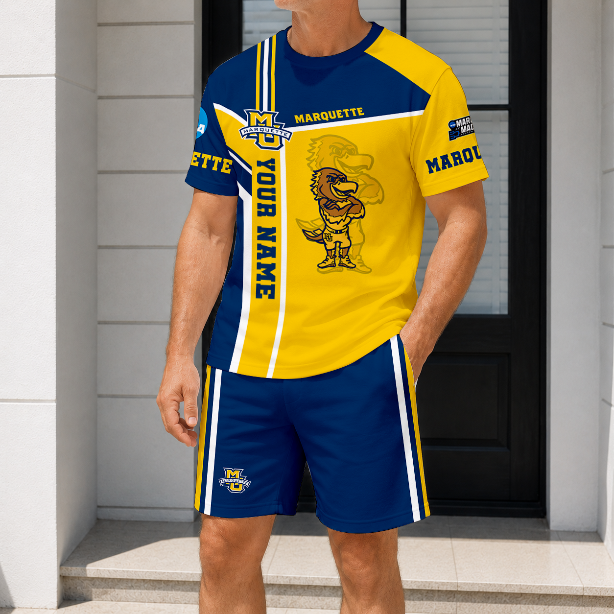 ELITE EDITION - NEW CUSTOMIZED NCAA MAM17 MGE MA GOLDEN EAGLES T-SHIRT & SHORT PANTS SET