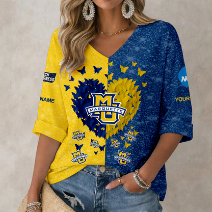 LIMITED EDITION - NEW CUSTOMIZED NCAA MAM17 MGE MARQUETTE GOLDEN EAGLES WOMEN'S HEART V-NECK LONG SLEEVE SHIRT