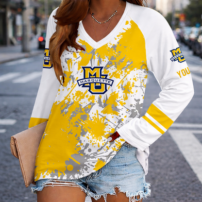 [FAN FAVORITE] NEW CUSTOMIZED NCAA MAM17 MGE MARQUETTE GOLDEN EAGLES WOMEN'S V-NECK LONG SLEEVED SHIRT