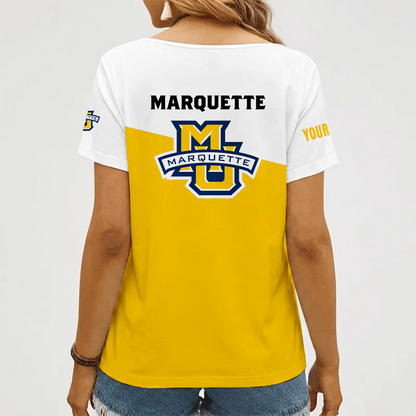 [FAN FAVORITE] NEW CUSTOMIZED NCAA MAM17 MGE MARQUETTE GOLDEN EAGLES STRAPPY V-NECK FEMALE SHIRT