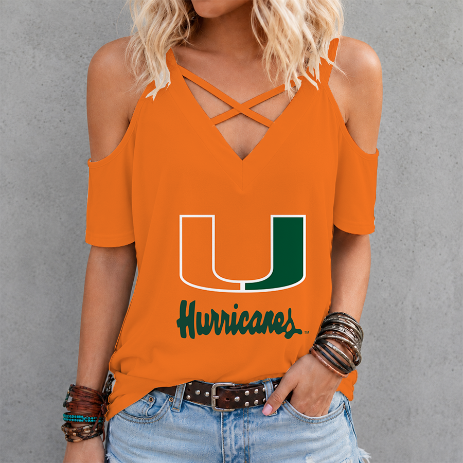 [FAN FAVORITE] NEW CUSTOMIZED NCAA FBS17 MIH MIAMI HURRICANES CRISS CROSS V-NECK TOP