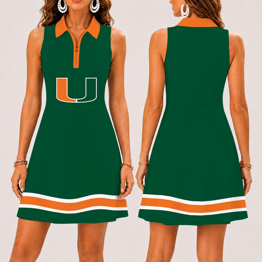 [FAN FAVORITE] NEW CUSTOMIZED NCAA FBS17 MIH MIAMI HURRICANES WOMEN'S ZIP SLEEVELESS POLO DRESS