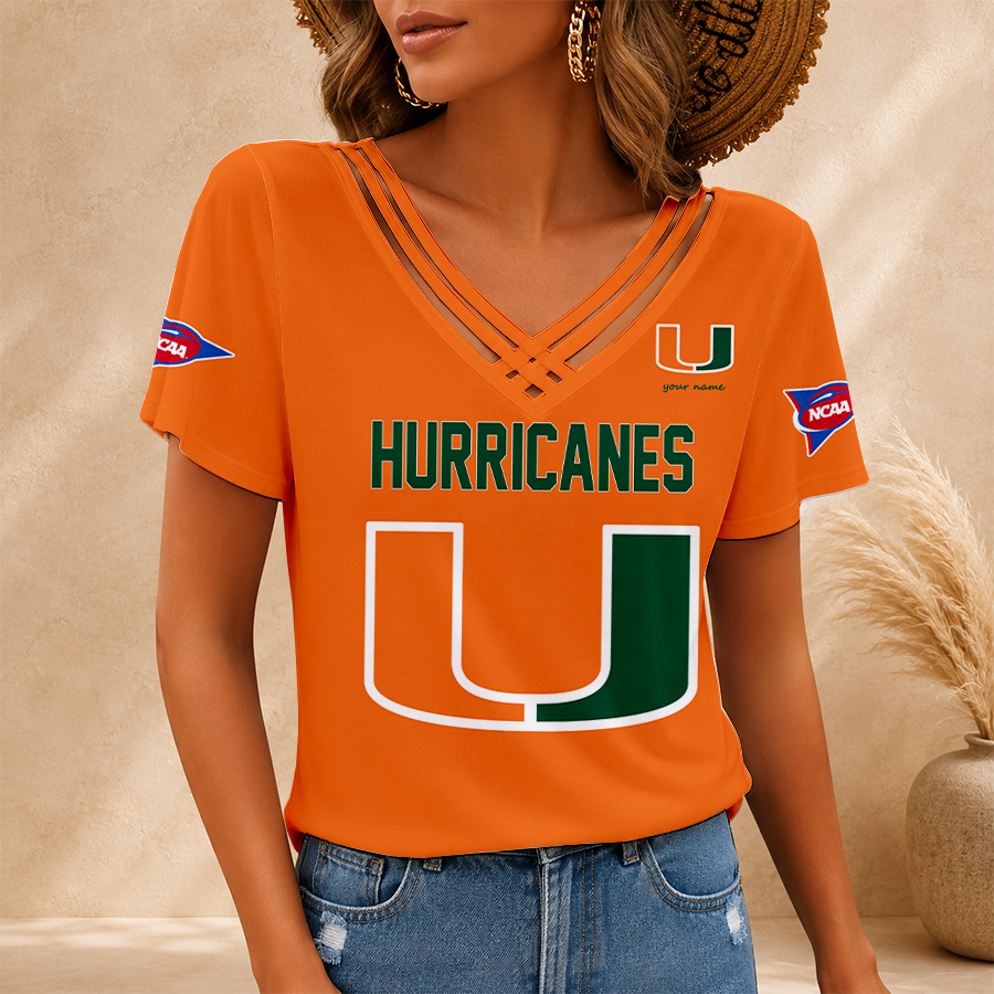 [FAN FAVORITE] NEW CUSTOMIZED NCAA FBS17 MIH MIAMI HURRICANES V-NECK SHIRT