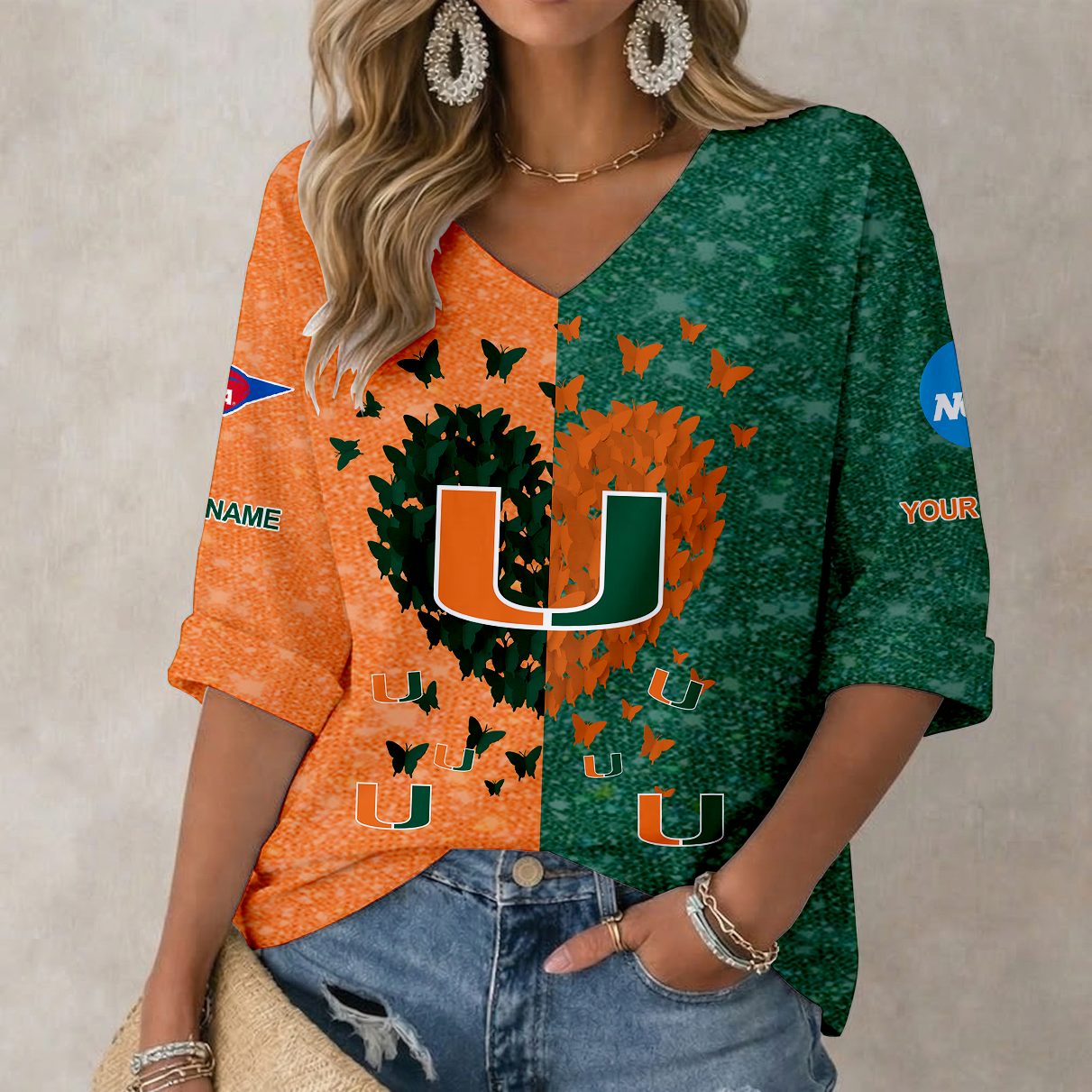 LIMITED EDITION - NEW CUSTOMIZED NCAA FBS17 MIH MIAMI HURRICANES WOMEN'S HEART V-NECK LONG SLEEVE SHIRT