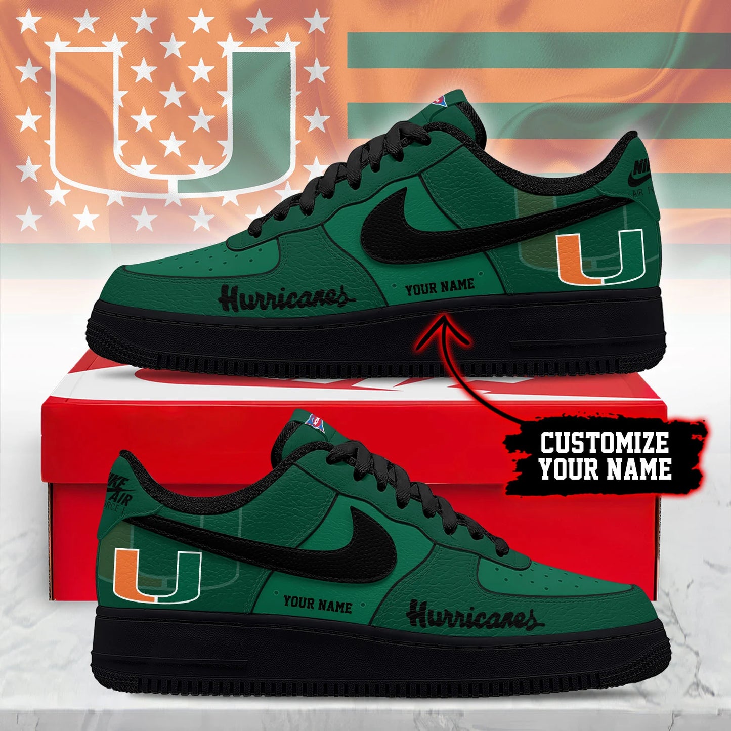 ELITE EDITION - NEW CUSTOMIZED NCAA FBS17 MIH MIAMI HURRICANES AF1 SHOES