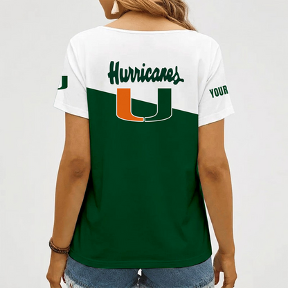 [FAN FAVORITE] NEW CUSTOMIZED NCAA FBS17 MIH MIAMI HURRICANES V-NECK FEMALE SHIRT
