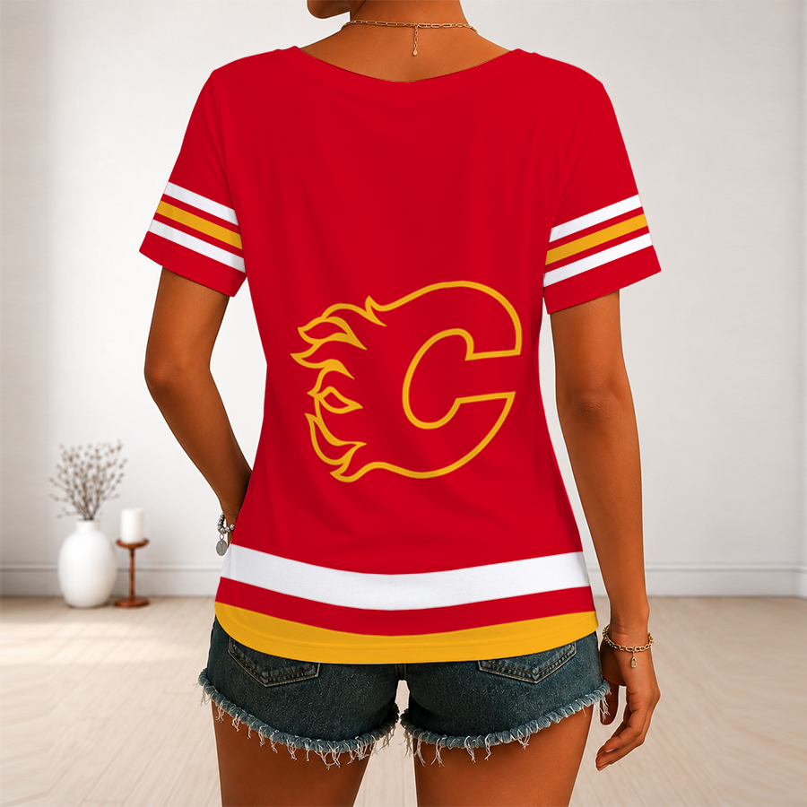 [SUPER SALE] NEW CUSTOMIZED NHL17 CGF CALGARY FLAMES V-NECK FEMALE SHIRT
