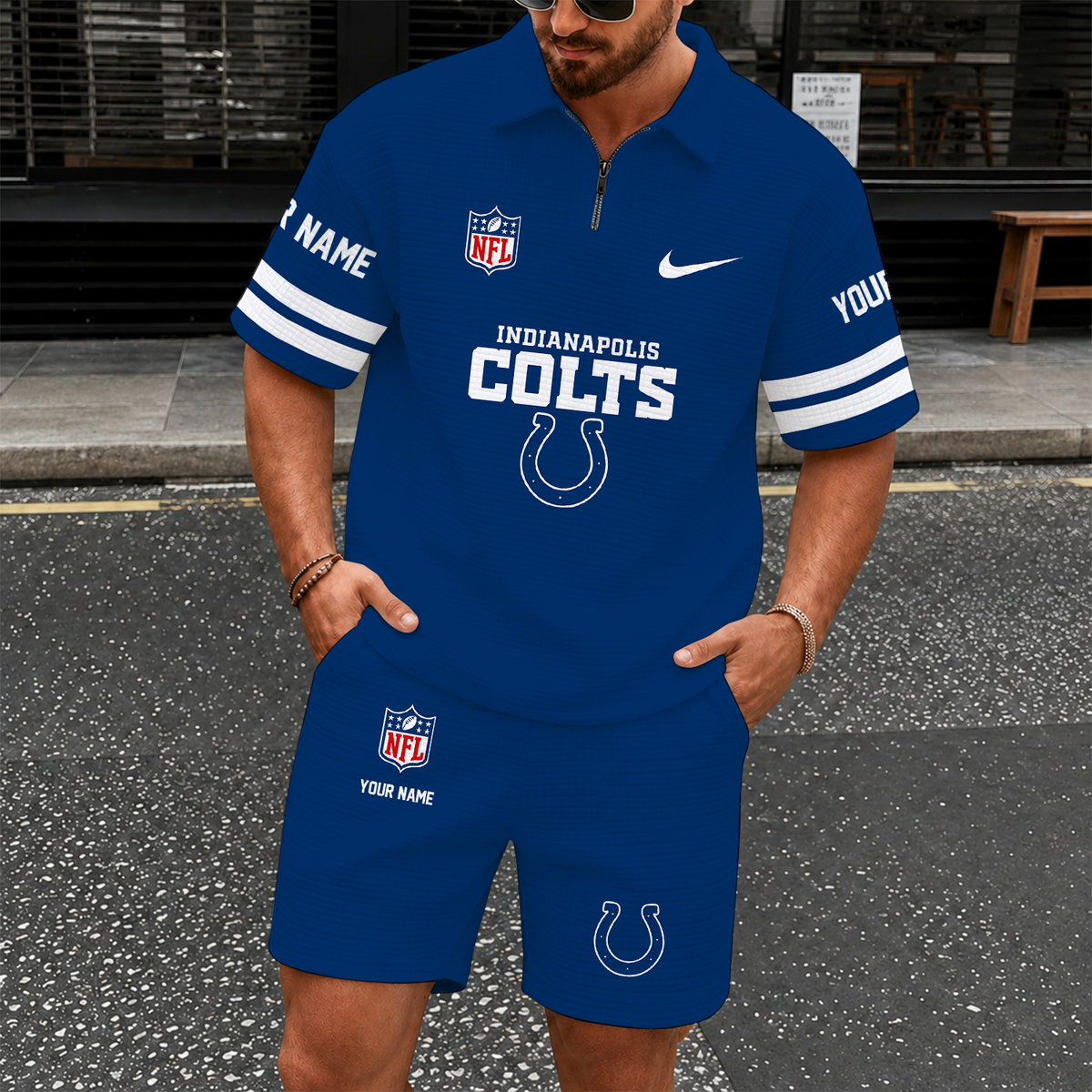 [SPECIAL OFFER] NEW CUSTOMIZED NFL17 IDC INDIANAPOLIS COLTS QUARTER-ZIP POLO SHIRT & SHORTS SET