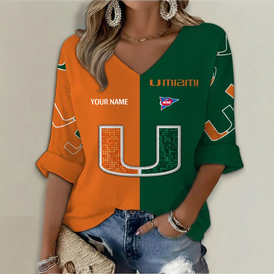 ELITE EDITION - NEW CUSTOMIZED NCAA FBS17 MIH MIAMI HURRICANES WOMEN'S HEART V-NECK LONG SLEEVE SHIRT