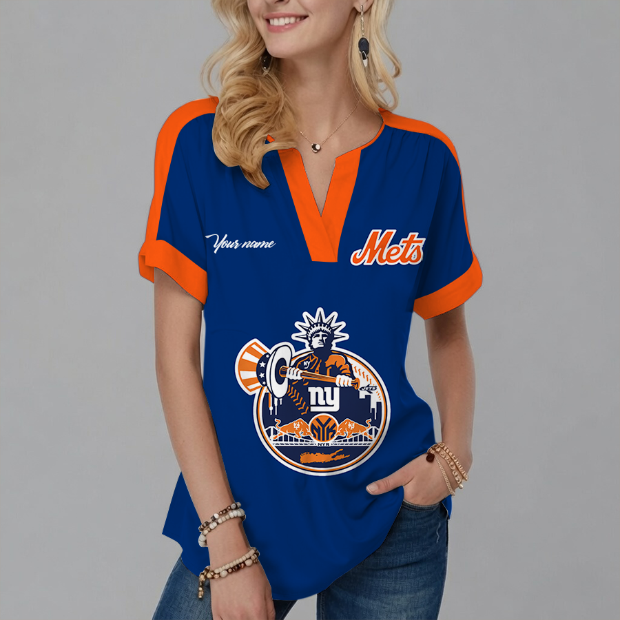 [FLASH SALE] NEW CUSTOMIZED MLB17 NYM NEW YORK METS V-NECK FEMALE SHIRT