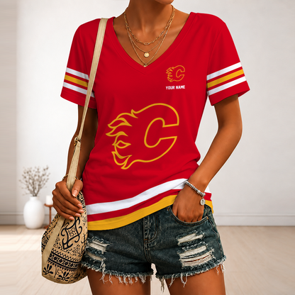 [SUPER SALE] NEW CUSTOMIZED NHL17 CGF CALGARY FLAMES V-NECK FEMALE SHIRT