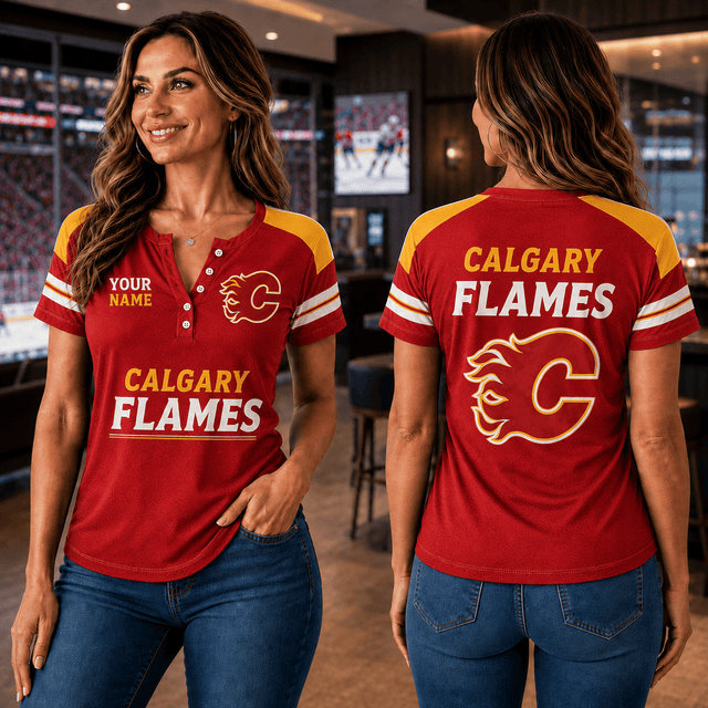 SPECIAL EDITION - NEW CUSTOMIZED NHL17 CGF CALGARY FLAMES WOMEN'S SHORT SLEEVE HENLEY T-SHIRT