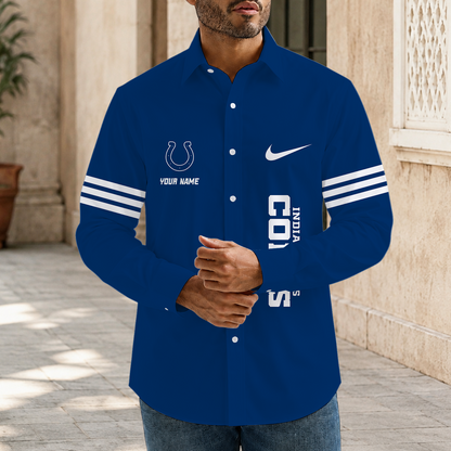 [SPECIAL OFFER] NEW CUSTOMIZED NFL17 IDC INDIANAPOLIS COLTS MEN'S LONG SLEEVE BUTTON-UP SHIRT