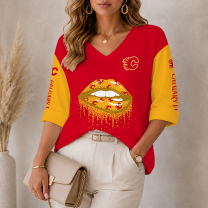 [SUPER SALE] NEW CUSTOMIZED NHL17 CGF CALGARY FLAMES WOMEN'S HEART V-NECK LONG SLEEVE SHIRT