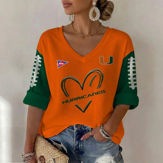ELITE EDITION - NEW CUSTOMIZED NCAA FBS17 MIH MIAMI HURRICANES WOMEN'S HEART V-NECK LONG SLEEVE SHIRT