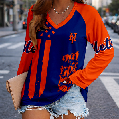 LIMITED EDITION - NEW CUSTOMIZED MLB17 NYM NEW YORK METS WOMEN'S V-NECK LONG SLEEVED SHIRT
