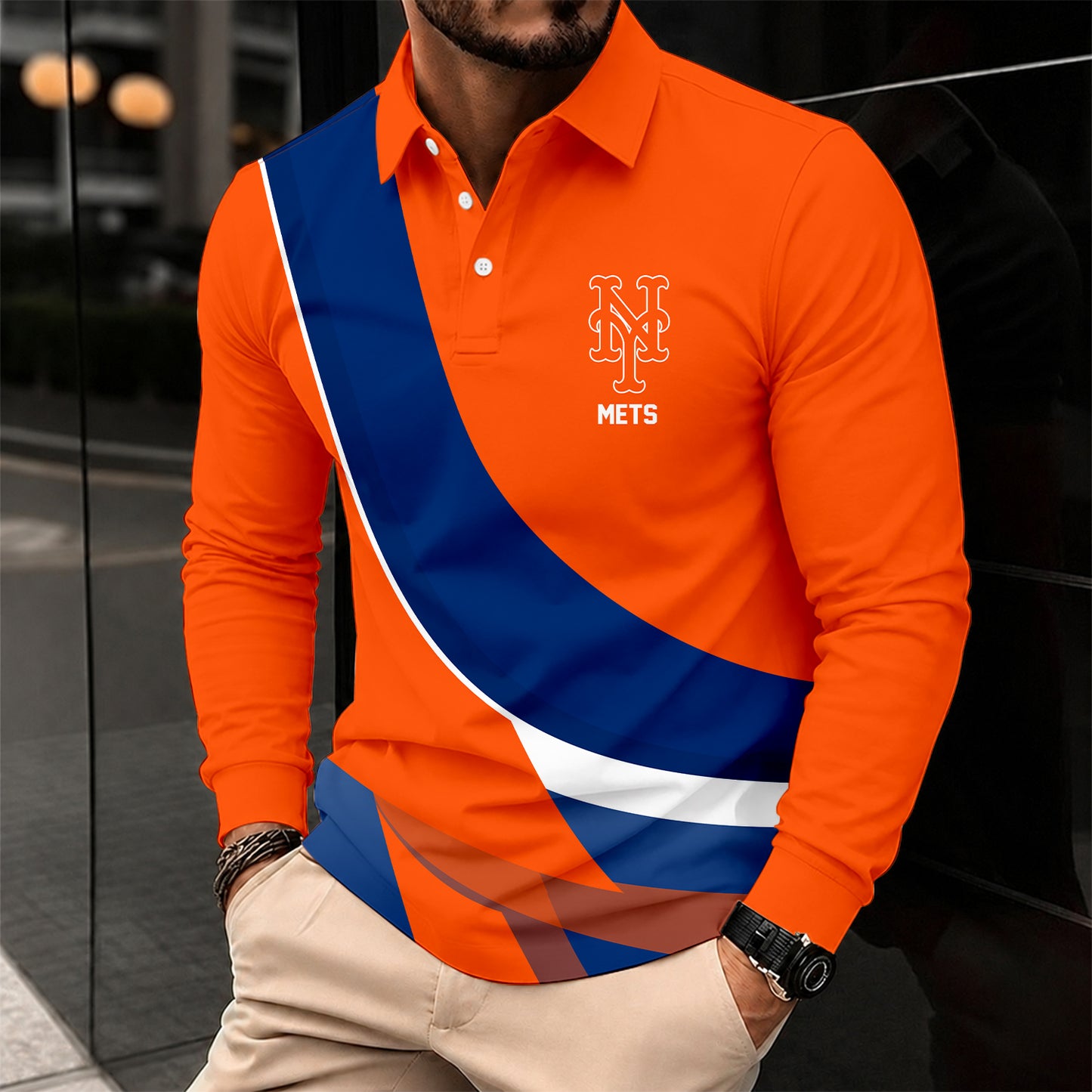 [FLASH SALE] NEW CUSTOMIZED MLB17 NYM NEW YORK METS MEN'S LONG SLEEVE POLO
