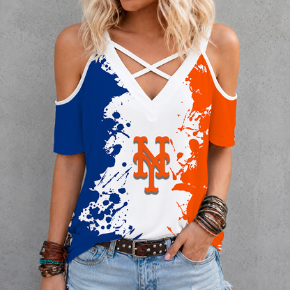 [FLASH SALE] NEW CUSTOMIZED MLB17 NYM NEW YORK METS CRISS CROSS V-NECK TOP