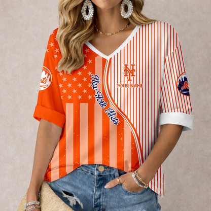 ELITE EDITION - NEW CUSTOMIZED MLB17 NYM NEW YORK METS WOMEN'S HEART V-NECK LONG SLEEVE SHIRT