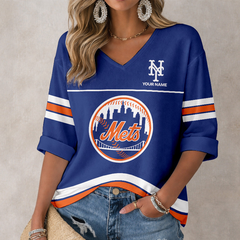 LIMITED EDITION - NEW CUSTOMIZED MLB17 NYM NEW YORK METS WOMEN'S HEART V-NECK LONG SLEEVE SHIRT