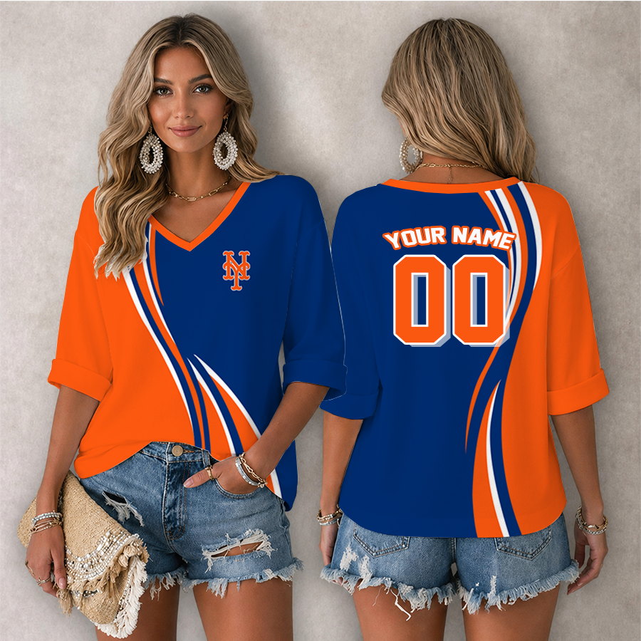 LIMITED EDITION - NEW CUSTOMIZED MLB17 NYM NEW YORK METS WOMEN'S HEART V-NECK LONG SLEEVE SHIRT