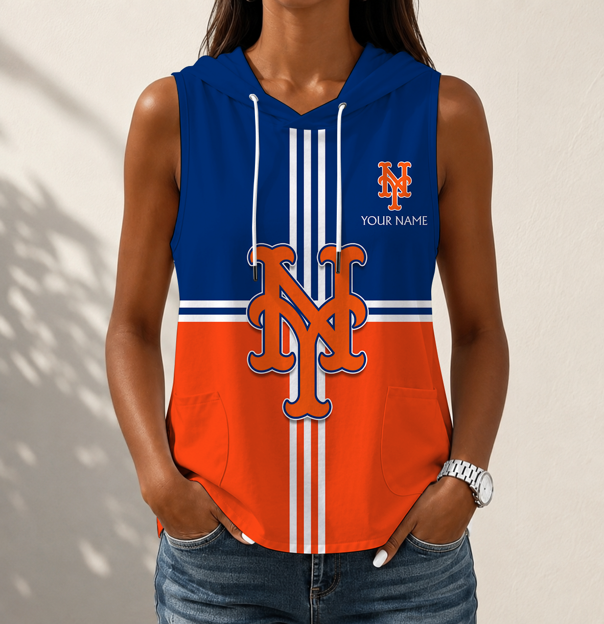 LIMITED EDITION - NEW CUSTOMIZED MLB17 NYM NEW YORK METS WOMEN'S SLEEVELESS HOODED POCKET TANK TOP