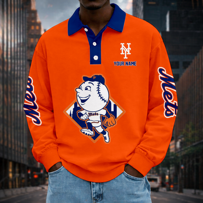 LIMITED EDITION - NEW CUSTOMIZED MLB17 NYM NEW YORK METS MEN LONG SLEEVE POLO