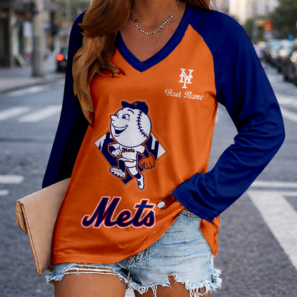 LIMITED EDITION - NEW CUSTOMIZED MLB17 NYM NEW YORK METS WOMEN'S V-NECK LONG SLEEVED SHIRT