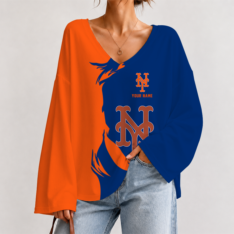 [FLASH SALE] NEW CUSTOMIZED MLB17 NYM NEW YORK METS V-NECK LONG SLEEVED CROP TOP