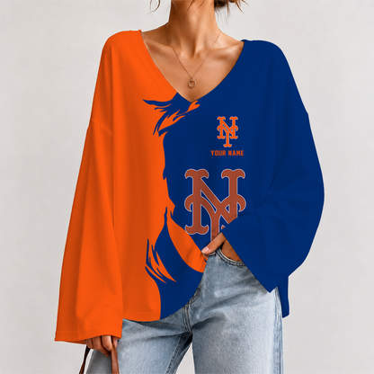 [FLASH SALE] NEW CUSTOMIZED MLB17 NYM NEW YORK METS V-NECK LONG SLEEVED CROP TOP