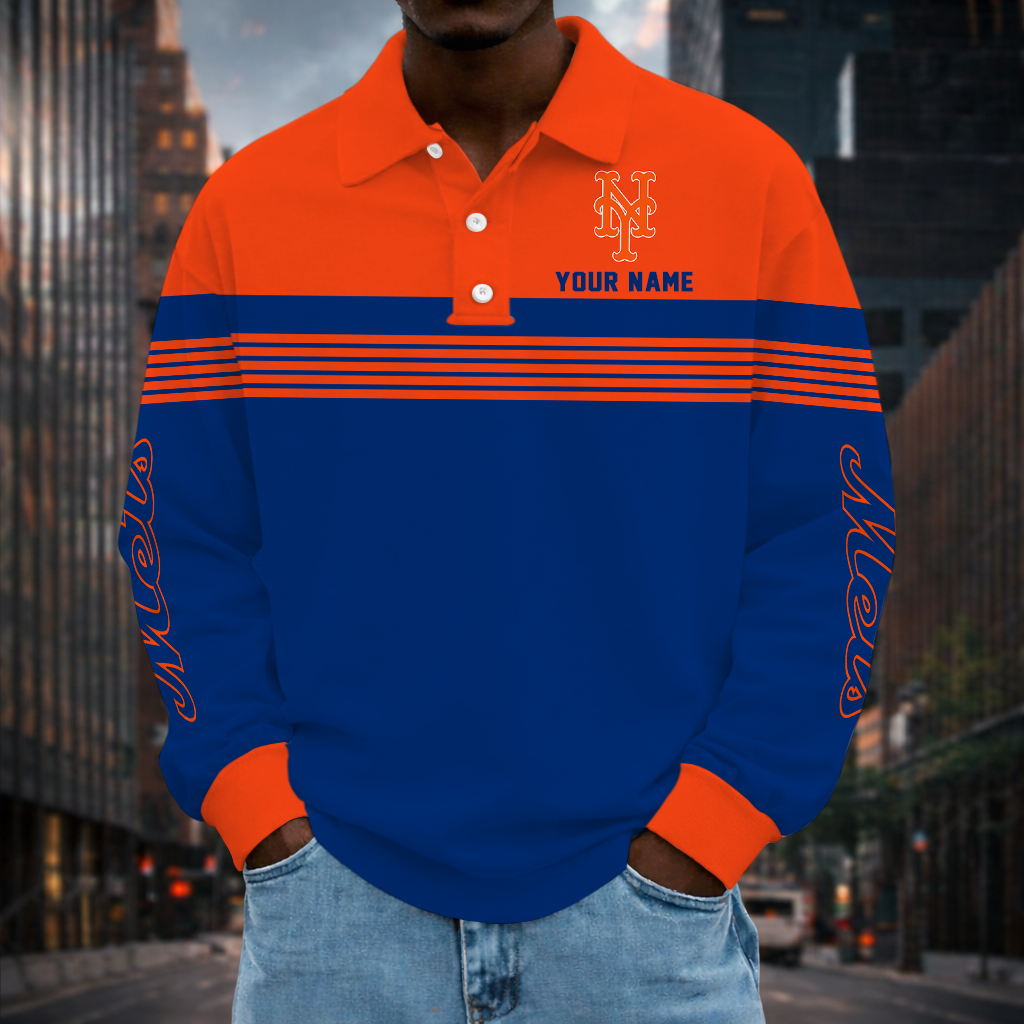 SPECIAL EDITION - NEW CUSTOMIZED MLB17 NYM NEW YORK METS MEN'S LONG SLEEVE POLO