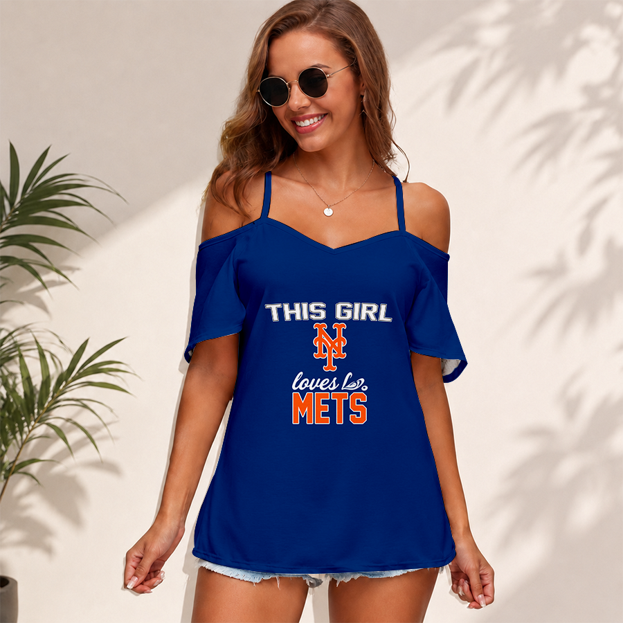 [FLASH SALE] NEW CUSTOMIZED MLB17 NYM NEW YORK METS WOMEN'S STRAPPY OFF-SHOULDER TOP