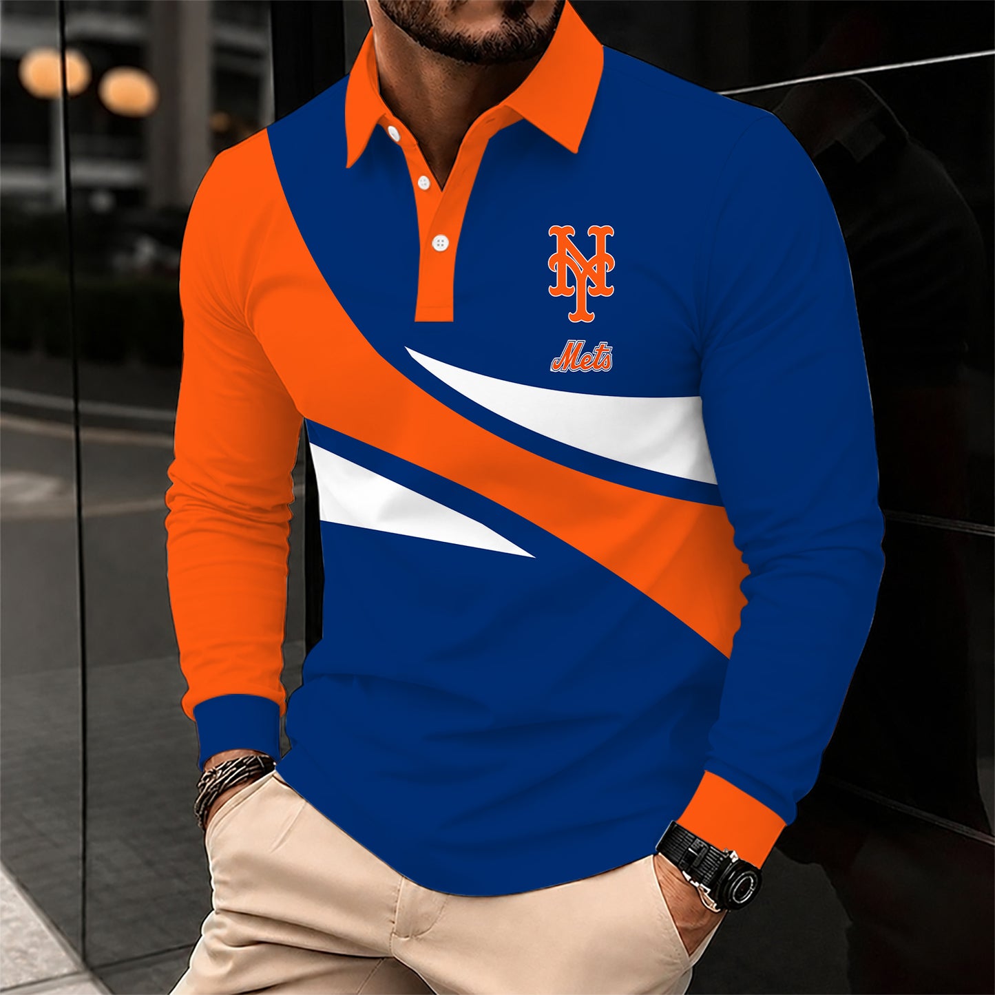 [FLASH SALE] NEW CUSTOMIZED MLB17 NYM NEW YORK METS MEN'S LONG SLEEVE POLO