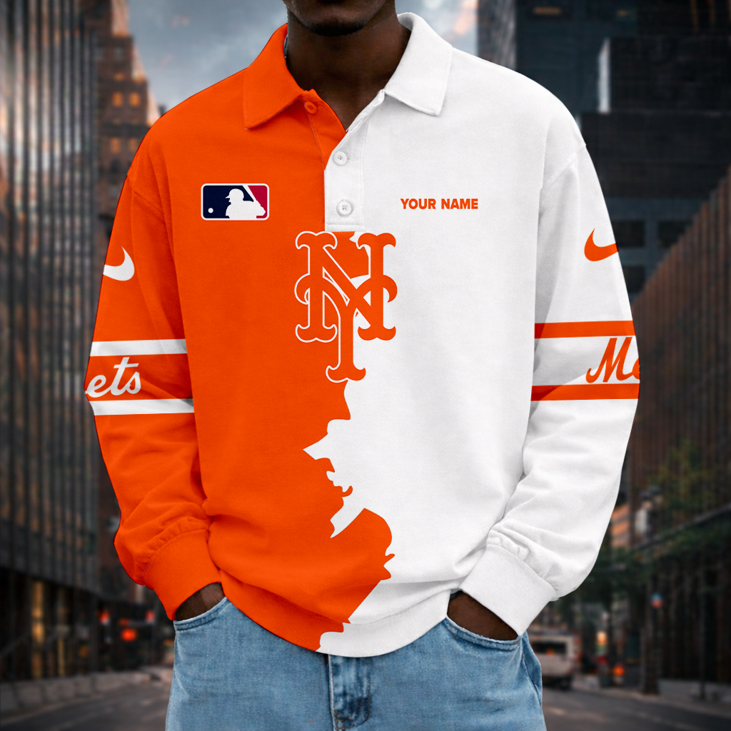 LIMITED EDITION - NEW CUSTOMIZED MLB17 NYM NEW YORK METS MEN LONG SLEEVE POLO