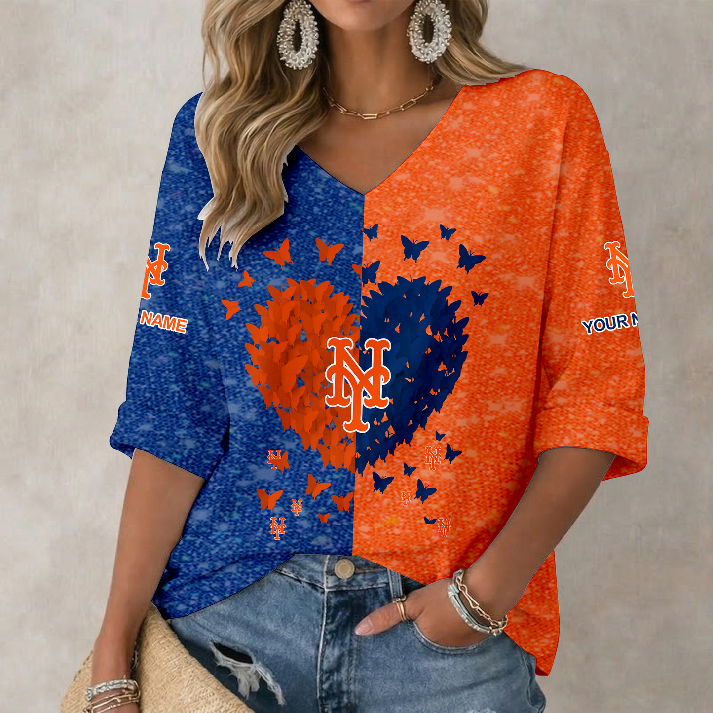 LIMITED EDITION - NEW CUSTOMIZED MLB17 NYM NEW YORK METS WOMEN'S HEART V-NECK LONG SLEEVE SHIRT