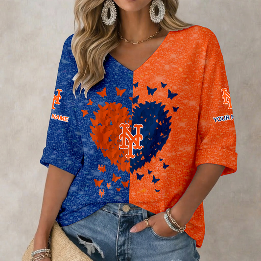 LIMITED EDITION - NEW CUSTOMIZED MLB17 NYM NEW YORK METS WOMEN'S HEART V-NECK LONG SLEEVE SHIRT